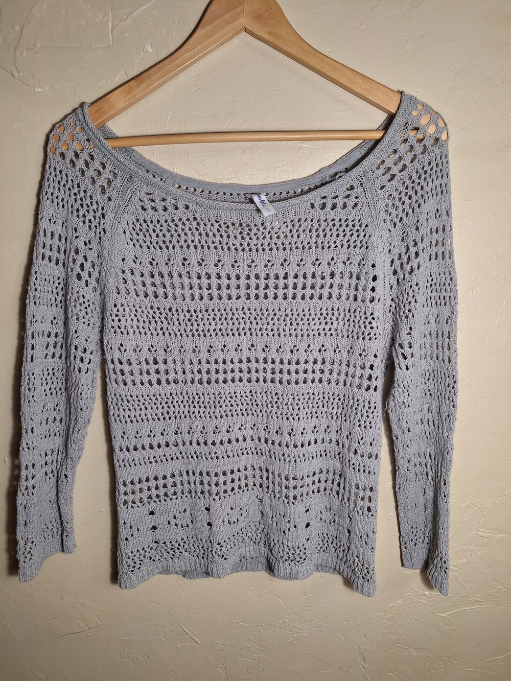 Aeropostale Womens Gray Solid Open-Knit Crochet Round Neck Raglan Sweater S